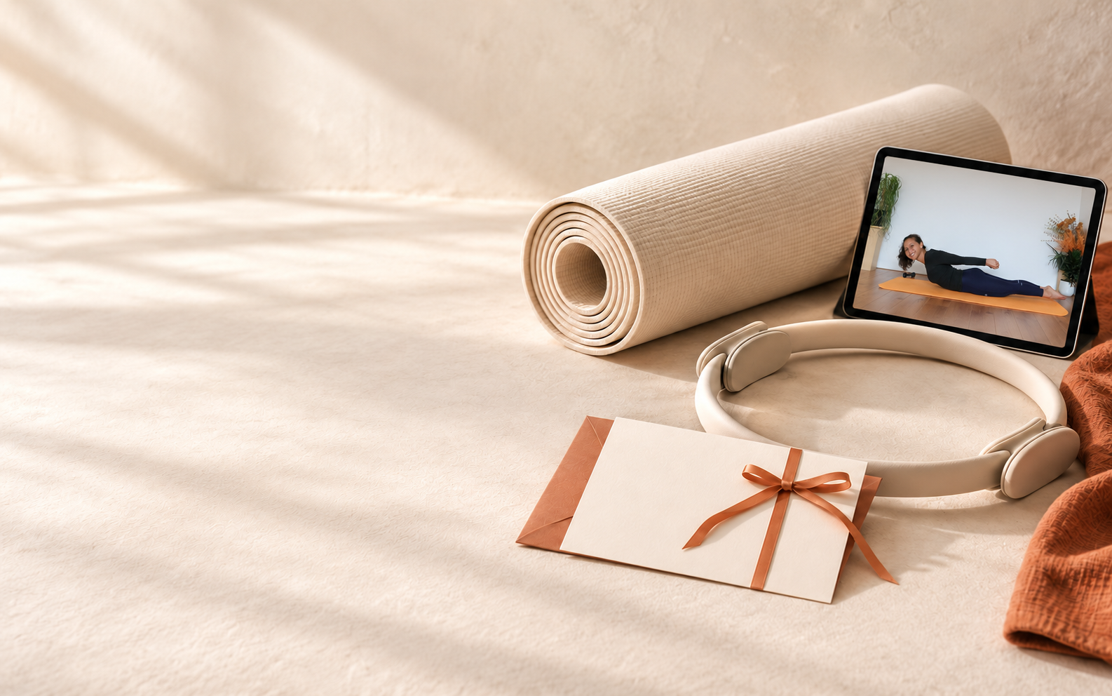 Online Pilates cadeau met een mat, Pilatesring, tablet en kaart