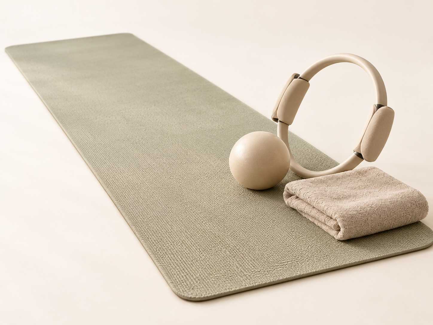 Lange Pilatesmat met lichte Pilatesring, bal en handdoek