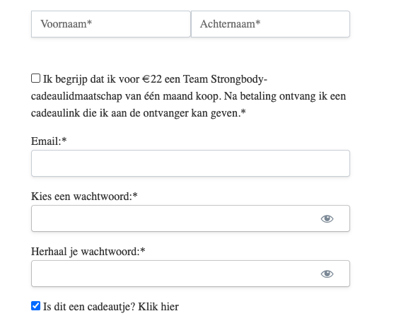 Cadeauregistratie met het aangevinkte cadeauvakje